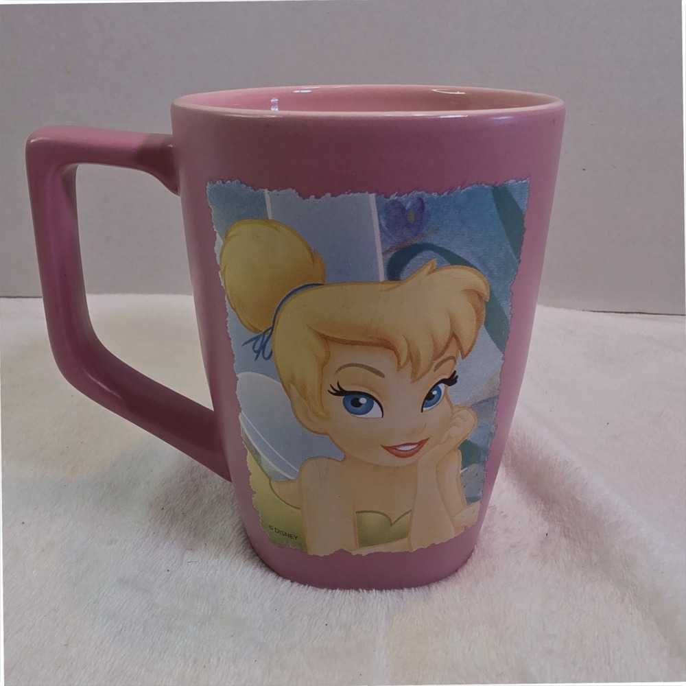 Disney Store Tinker Bell Fairies Pink Ceramic Coffee Mug 5 Inch Tapered Cup